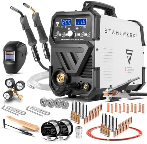 STAHLWERK Schweißgerät 5-in-1 MIG/MAG 200 Puls Pro mit Vollausstattung | vollsynergisch bis 200 A, FLUX (Fülldraht), Lift-TIG, MMA (ARC), Puls-MIG für Alu, 4-Rollen-Antrieb, IGBT
