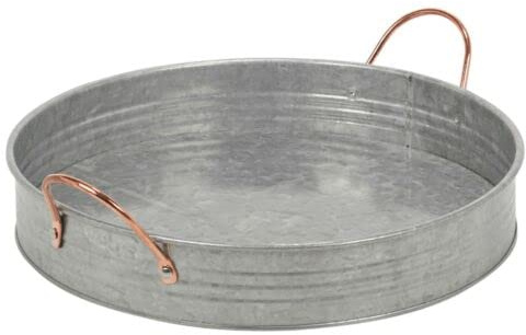 TRTO 1Pcs Large Round Galvanised Zinc Metal Rustic Serving Tray Platter w/Copper Handles Easy To Use and Cleans