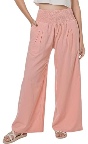 Lofbaz Donna Estate Cotone e Lino a Gamba Larga Fluttuante Pantaloni Palazzo Spiaggia a Vita Alta Boho Lunghi da Relax con Tasche Rosa Legno Rosa S
