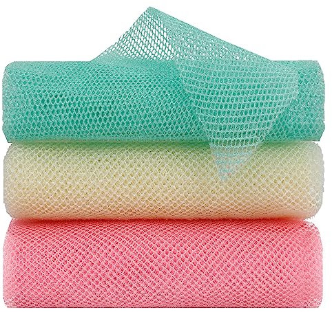 FARMOGA Lot de 3 éponges de bain africaines longues en filet exfoliant pour le corps et le dos (rose, beige, vert)