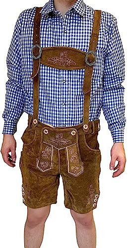 Dretaild Herren Lederhose Tracht Kurz mit Hosenträgern Rindleder Trachtenhose Premium Tracht Oktoberfest Volksfest Kurz geschnitten mit stilvollen Riemen (Hellbraun, 48)