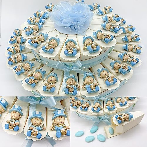 Torta di Bomboniere per Bambino, con magneti Jolly di Colore Celeste con tamburello, per Eventi Nascita e Battesimo (15 Fette)