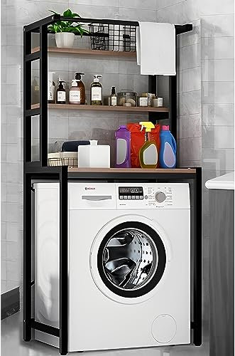 3-Tier Laundry Room Shelf, Above Washing Machine Shelf, Shelves Above Toilet with Hanging Rod, Over The Washer and Dryer Storage Shelf, Bathroom Organization Space Saving Shelving Units (Black)
