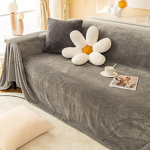 Homxi Sofahusse 3 Sitzer,200x230CM,Couch Überzug Einfarbig Sofahusse Plüsch Sofa-Handtuch Grau Couch Überzug