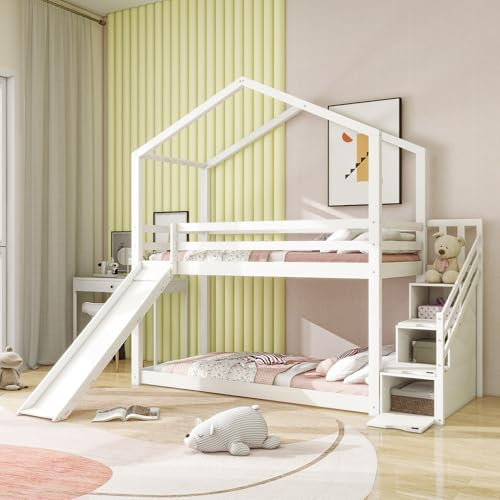 ZYLOYAL10 Kinderbett Baumhaus mit Rutsche & Leiter 90 x 200 cm, Hochbett für Kinder– 2X Lattenrost- Natur & Weiß (Weiß - A)
