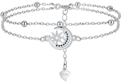 Lydreewam Mond und Stern Armband Silber 925 für Damen Doppel Layered Freundschaft Armkette mit Kugeln und Zirkonia Weihnachten Muttertag Geburtstag Geschenk, Armbänder verstellbare 17+4cm