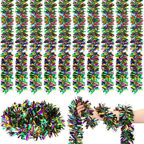 24 Rollen Mardi Gras Lametta Girlande Grün Lila Gold Breite Schnitt Metallic Luftschlangen Glänzende Twist Girlande Hängende Dekorationen für Karneval Weihnachtsbaum Oktoberfest Disco Party Supplies,