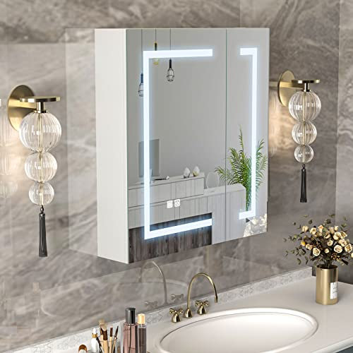 Mepplzian 60 x 65 Led Bathroom Mirror Cabinet with Lights,Surface Mount Cabinets with Mirrors,Mirrored Cabinet Wall Mounted with Defogger,Bathroom Mirror with Storage