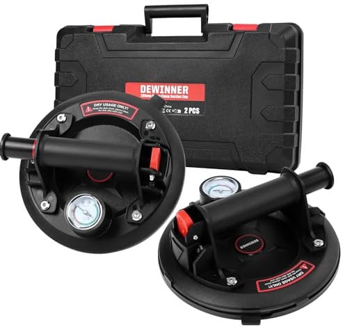 DEWINNER Ventosa sottovuoto con manometro, 2x Ventose per Vetro, Ventose per Piastrelle con Cassetta Attrezzi Portatile Portata 300kg, per il Sollevamento e la movimentazione di Materiali come Vetro