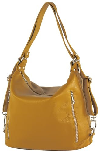 modamoda de T249 Damen Rucksack Schultertasche 2 in 1 aus Leder handmade in Italy, Farbe:Senfgelb