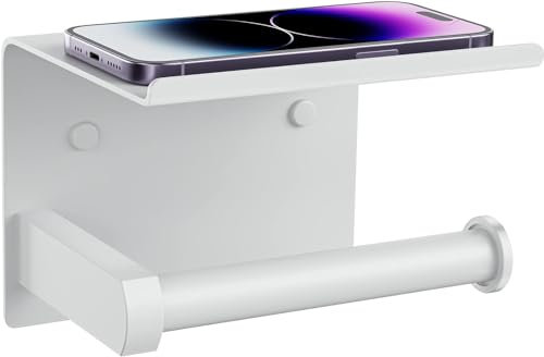 Tindbea Toilet Paper Holder with Phone Shelf, Adhesive or Screw Wall Mount Toilet Tissue Roll Holder, Rustproof & Multifunctional Stainless Steel Bathroom Storage Dispenser (White)
