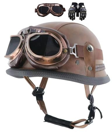 Jethelm Retro, Motorradhelm Jethelm Roller-Helm, Deutscher Stil Halbschale Helm, Herren Und Damen Vintage Halbgesicht Chopper Helm, Scooter-Helm, Mit Handschuhe Brille, ECE-Zugelassen ( Color : Brown