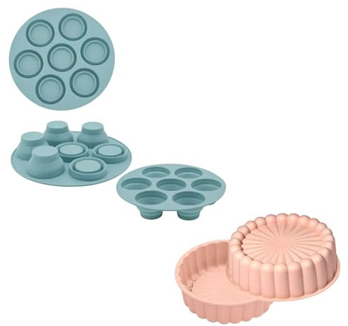 Moldes de silicona reutilizables Air Fryer, 2 piezas, molde plegable verde para 7 minis muffins/amuse boca y gran molde para tartas rosa de diseño, para freidora de aire caliente, microondas, horno