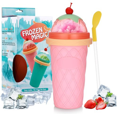 Hejo Slushy Maker Cup, Slushymaker Mug Congelado de Silicona, Vaso Granizado Reutilizable con Pajita y Cuchara 2 en 1, Vaso Congelador para Familias al Aire Libre (Rosa)