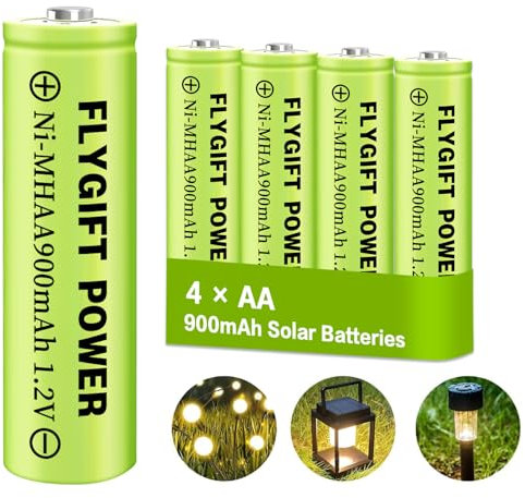 FlyGift AA Wiederaufladbare Batterien 900mAh Ni-MH Double A 1.2V Hohe Kapazität Vorgeladene Solarbatterien für Gartenleuchten, Wegelichter, Landschaft Außen Solarleuchten, 4 Stück