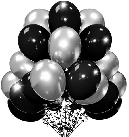 Yamobi 30 Stück Schwarz Silber Geburtstag Luftballons - Metallic Silber Ballons für Babyparty Hochzeit Thema Party Deko