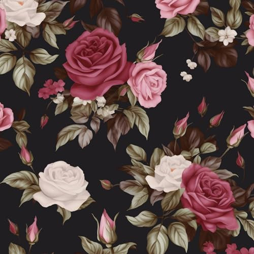 VOLEAAR Dark Floral Wallpaper Rose Contact Paper Boho Wall Paper Stick on Shelves Drawers Vinyl Self Adhesive Black Pink 44.5CM x 1000CM