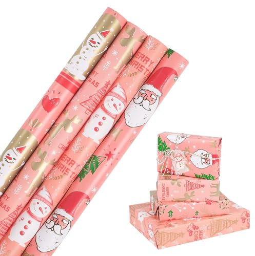HBell Weihnachts-Geschenkpapierrolle, 4 Rollen, rosa Weihnachts-Geschenkpapier, 43 cm x 3 m, für Weihnachten, Neujahr, Party, festliche Dekorationen (Rosa-Weihnachten)
