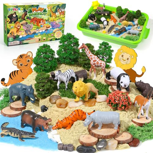 Toylink Forêt Sable Magique avec 900g Super Sand、Bac a Sable/Figurines Animaux/Moules de Sable/Jouet Arbres、Bac Sensoriel Cadeau Enfant 3 4 5 6 7 8 Ans pour Anniversaire