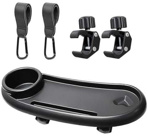 DeJivsin Baby Stroller Snack Tray with Cup Holder Universal Pram Food Tray, Pram Snack Tray for Pram Accessories Pushchair, Pram Tray, with 2 Pram Hooks, Suitable for Most Pushchairs with Armrests