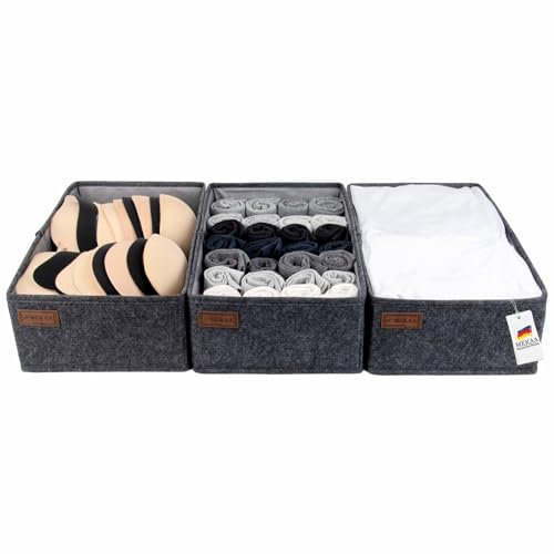MEKAA® Schubladen Organizer Für Kommode & Kleiderschrank - 3er-Set - Passend Für MALM - Schubladen-Ordnungssystem Für Kleidung, Wickelutensilien, Unterwäsche, Accessoires - Anthrazit - L40*B23*H12cm