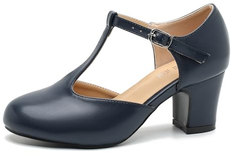 Women's T Strap Mary Jane Shoes Mid Block Chunky Heel Buckle Dress Pumps