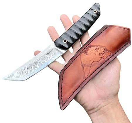 Obespina Couteau Artisanal Style Japonais Lame Fixe Acier Damas Tanto Manche Bois Étui Cuir Tete De Mort Collection Custom Cadeau Homme Suminagashi VG10