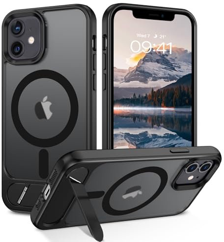 DOMAVER Hülle für iPhone 12 /iPhone 12 Pro (6,1) - Magnetisch Integrierter unsichtbarer Ständer | Militärischer Fallschutz | Transparente Matt-Oberfläche | Kompatibel mit Mag-Safe Zubehör， Schwarz