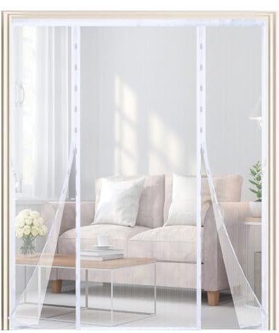 Magnetic Fly Screen Door Curtain 150x205cm,Fly Screens for Double Patio Doors,Magnetic Bug Mesh Curtain with Powerful Magnets,Fly Nets for Doors Without Drilling,Keep Fly Bug Out,White