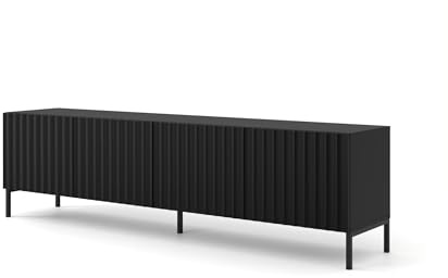 Meuble TV, Banc TV pour Télévision 70 Pouces, 4 Portes Noires Mates, Pieds Métalliques Dorés, Portes aves Fonction Push-to-Open, pour Salon ou Chambre, Noir 200x42x56 cm Wave