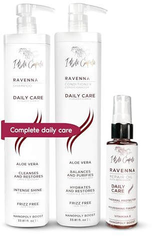 I Belli Capelli Ravenna Daily Care Kit – Aloe Vera Shampoo & Conditioner + Repair Oil – Ohne Sulfate und Parabene, Tiefenfeuchtigkeit, Reduziert Haarbruch und Repariert Spliss – Für Trockenes, Geschäd