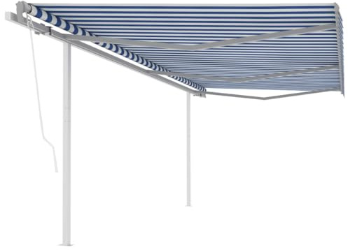Qnhdfrt Elektrisch Einziehbare Markise mit Pfosten 6x3,5 m Freistehende Terrassenüberdachung Blau Weiß Sonnenschutz für Balkon Garten Terrasse Elektrisch und Manuell Bedienbar