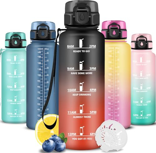 Trinkflasche 1.5l, Wasserflasche Sport, Trinkflasche Erwachsene, Wasserflasche Auslaufsicher, mit Zeitmarkierung und Filter, Leicht zu Reinigen, für Fitness, Büro, Camping, Running, Gym, Fahhrad