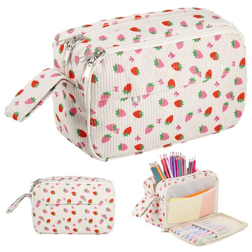 Erdbeere Federmäppchen für Mädchen, Federtasche Aesthetic mit 3 Fächer | Große Kapazität Federmappe mit Reißverschluss, Erdbeermuster, Praktische Tragbare Schulmäppchen für Schule, Büro