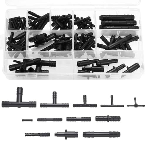 Juego de 113 conectores de manguera en T, conector de manguera en T, kit de conexión de riego para mangueras, manguera de goteo de jardín, conexión en T (12 tamaños, negro)