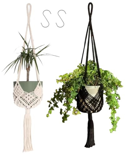 Dakuailo Makramee Blumenampel 2er-Set, 89 cm, Beige und Black | 2 handgeknüpfte Makramee-Pflanzenhänger in Beige und Grün für Blumentöpfe, Balkon, Terrasse und Wohnbereich