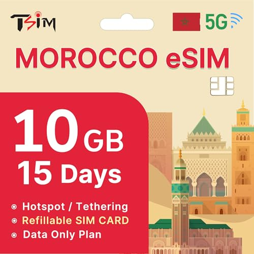 Marokko eSIM 15 Tage – 10GB Plan | 5G/4G Hochgeschwindigkeitsdaten | eSIM in 24 Stunden | Hotspot/Tethering aktiviert | Wiederaufladbare eSIM | Nur-Daten-Tarif