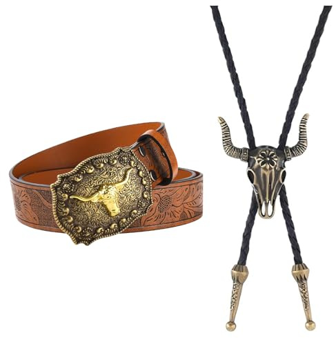 2 Stück Cowboy Kostüm Damen Herren, Western Leder-Cowboy-Gürtel mit Verschluss und Halskette mit Kuh Schädel, 130 Cm Western Cowboy Gürtel, für Western Parties, Country Styling, Karneval Kostüm