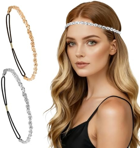 Böhmen Kristall Haarreife, 2 PCS Kristall Strass Kopfkette, Glitzer Elastisch Haarbänder, Kopfschmuck Mittelalter Damen, Haarband Damen Dünn für Hochzeiten, Partys, Geburtstage, Karneval (A)
