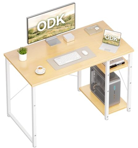 ODK Kleiner Tisch mit Regal, 100×48 cm, Naturbeige | Schreibtisch Klein, Reversibel, Platzsparend, einfache Montage, für Kleine Räume, Schlafzimmer & Arbeitszimmer