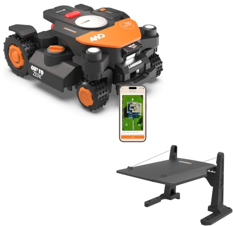 WORX Vision Cloud 4WD WR344E Robot Tondeuse 4000 m² sans Fil périphérique + Garage (évitement d'obstacles par IA, Navigation VSLAM + RTK Cloud, Pente de 84%, cartographie Automatique, Cut-to-Zero)