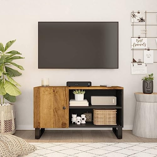 ZQQLVOO Mobile TV in legno massiccio di mango, 80 x 33 x 46 cm, con ripiani aperti e vano porta, mobile multimediale in legno di mango e legno, stabile supporto TV con gambe in ferro, per soggiorno