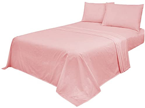 Voice7 Non Iron Pink 4pc Sheets Set (Fitted Sheet + Flat Sheet + Pillow Cases Pair) Percale Super Poly Cotton Bedding Sets (Pink, Double)
