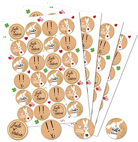 Logbuch-Verlag 96 Osteraufkleber Kraftpapier Optik 4 cm beige weiß rot Osterhase Frohe Ostern Text Aufkleber rund selbstklebend