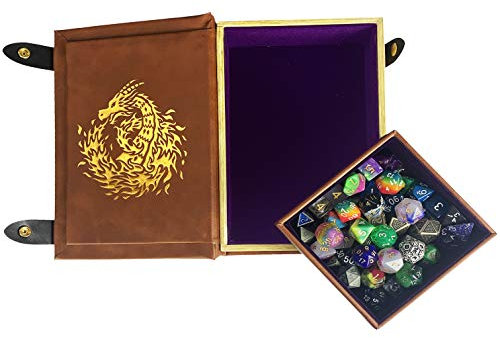 Fantasydice Buch-Form Gold/Lila Feuerdrache Rolling Magic Book Tray für alle Tisch-RPGs wie D&D, Call of Cthulhu, Shadowrun.
