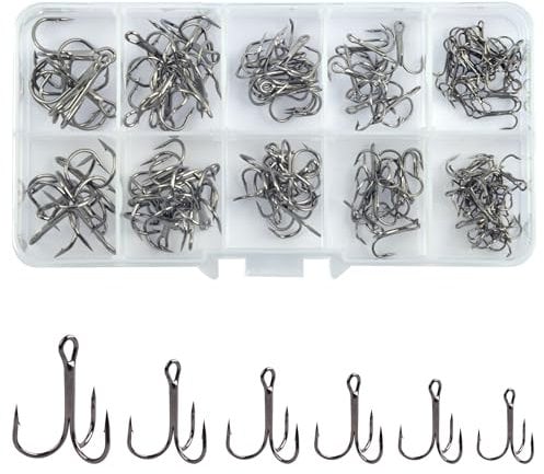 Fishing Treble Hooks Kit 110pcs/box High Carbon Steel Round Bend Fishing Hook Set Sharp Barbed Triplet Hooks for Lures Baits Saltwater Fishing Size 4 6 8 10 12 14