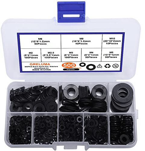 Greluma 500 Pezzi M2 M2.5 M3 M4 M5 M6 M8 M10 Rondella in Plastica Rondella Piatta in Nylon Kit Assortimento,Nero