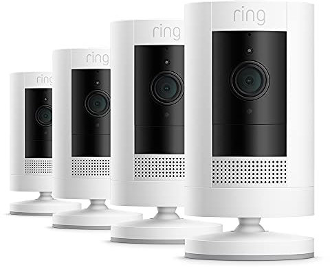 Ring Stick Up Cam Plug-In, videocamera di sicurezza in HD con sistema di comunicazione bidirezionale, colore bianco, compatibile con Alexa | 4 Camera