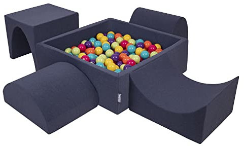 KiddyMoon Parque Infantil De Espuma con Cuadrada Piscina De Bolas (300 Bolas) para Niños, Azul Marino:Verdeclr/Amari/Turq/Naran/Rosaos/Morad