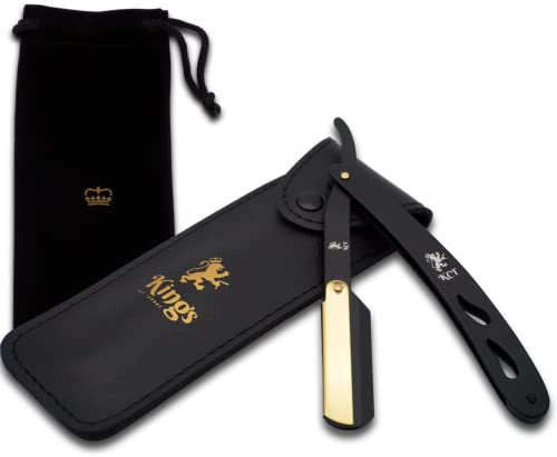 Cut Throat Razor for Men by The Kings Cutthroat® - Men’s Cutthroat Shaving Black & Gold Steel – Leather Travel Pouch & Velvet Kit Bag Included – Essential Male Grooming Accessory for Beards NO Blades